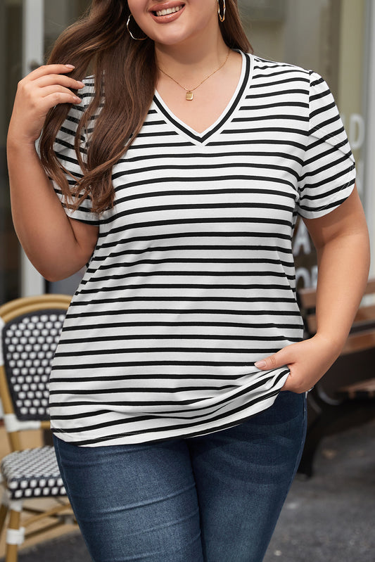 Stripe Petal Sleeve V-Neck T-Shirt Plus Size