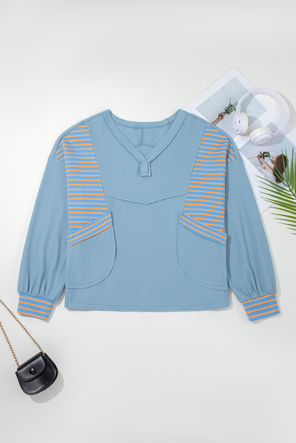Stripe Patchwork Waffle Knit V-Neck Pullover