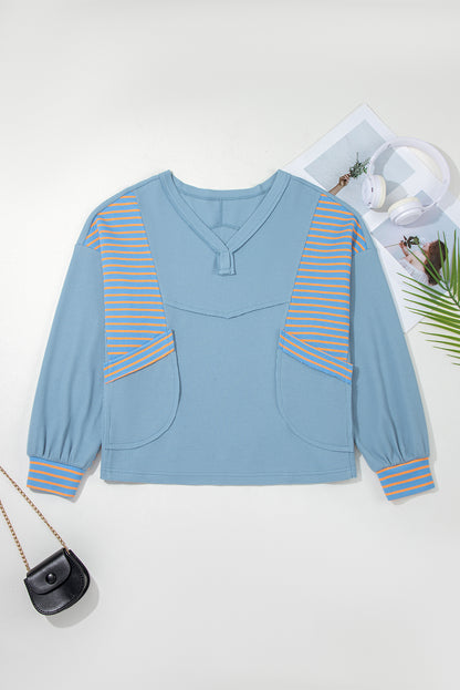 Stripe Patchwork Waffle Knit V-Neck Pullover