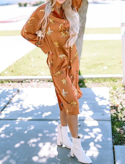 Cheetah Buttoned Midi Shirt Dress