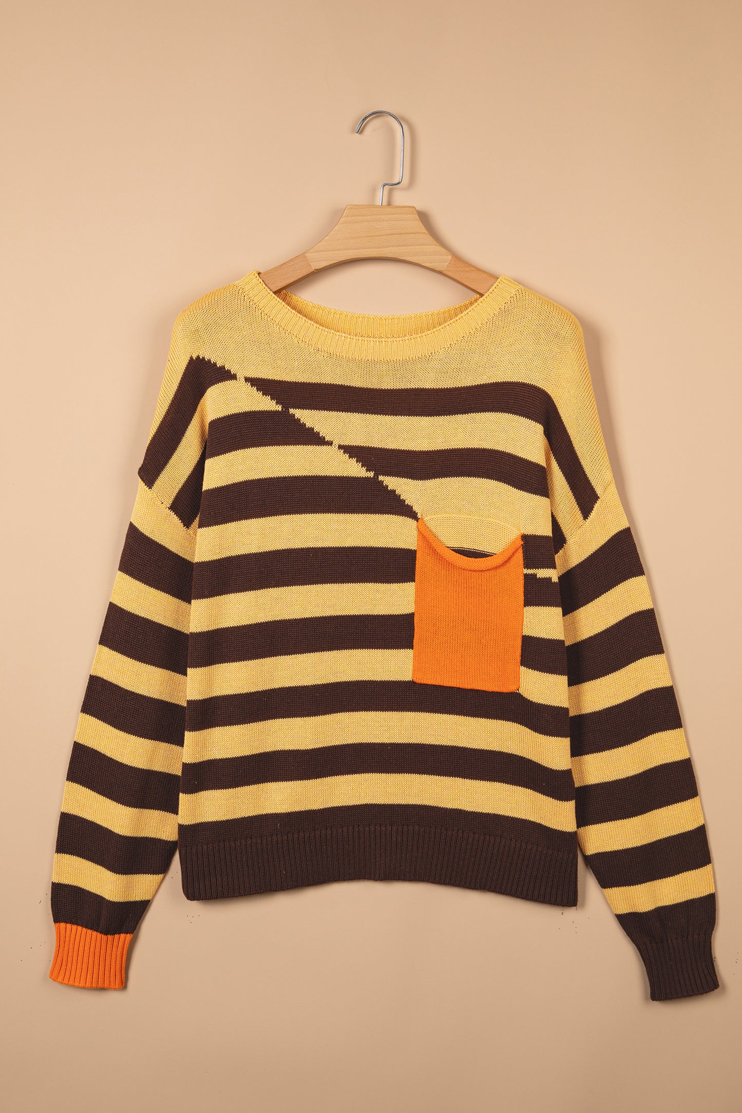 Stripe Colorblock Chest Pocket Drop Shoulder Sweater