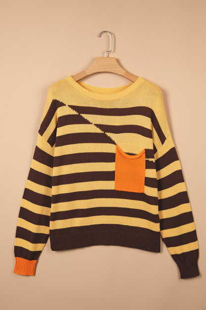 Stripe Colorblock Chest Pocket Drop Shoulder Sweater