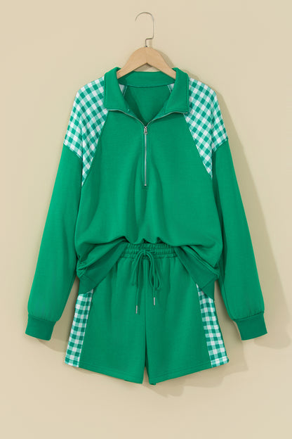 Gingham Patchwork Half-Zip Pullover & Shorts Set