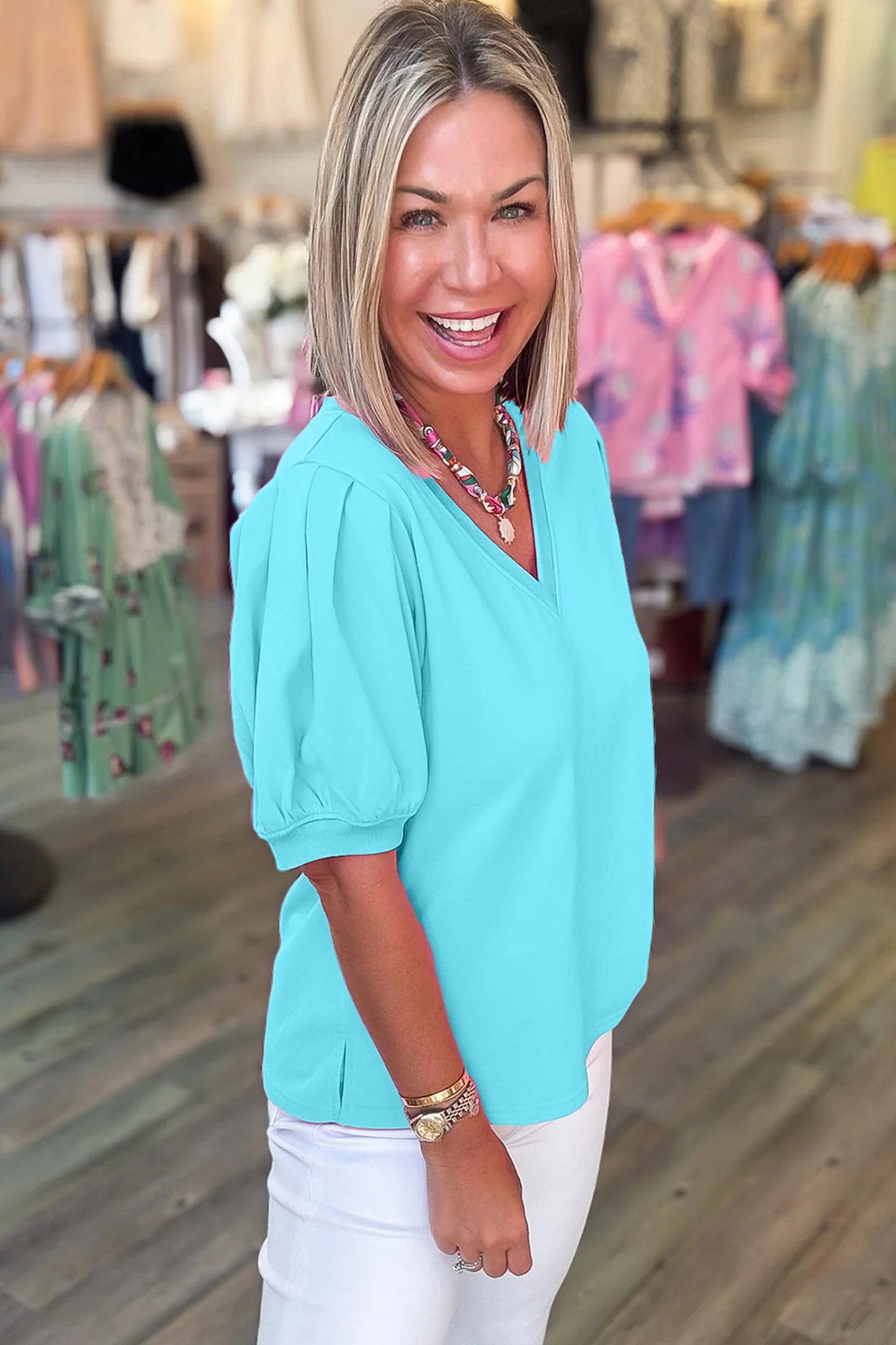 Solid V-Neck Short Puff Sleeve Blouse
