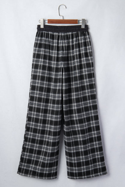 Plaid Frenchy Contrast Drawstring Waist Wide Leg Pants