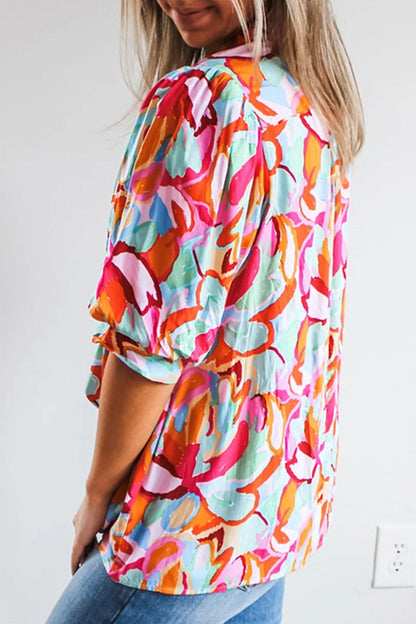 Abstract Puff Sleeve V-Neck Blouse