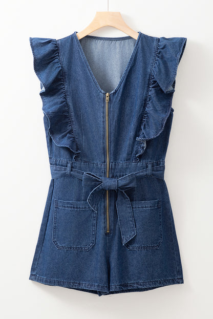 Denim Ruffle Sleeve Zip Front Belted Romper