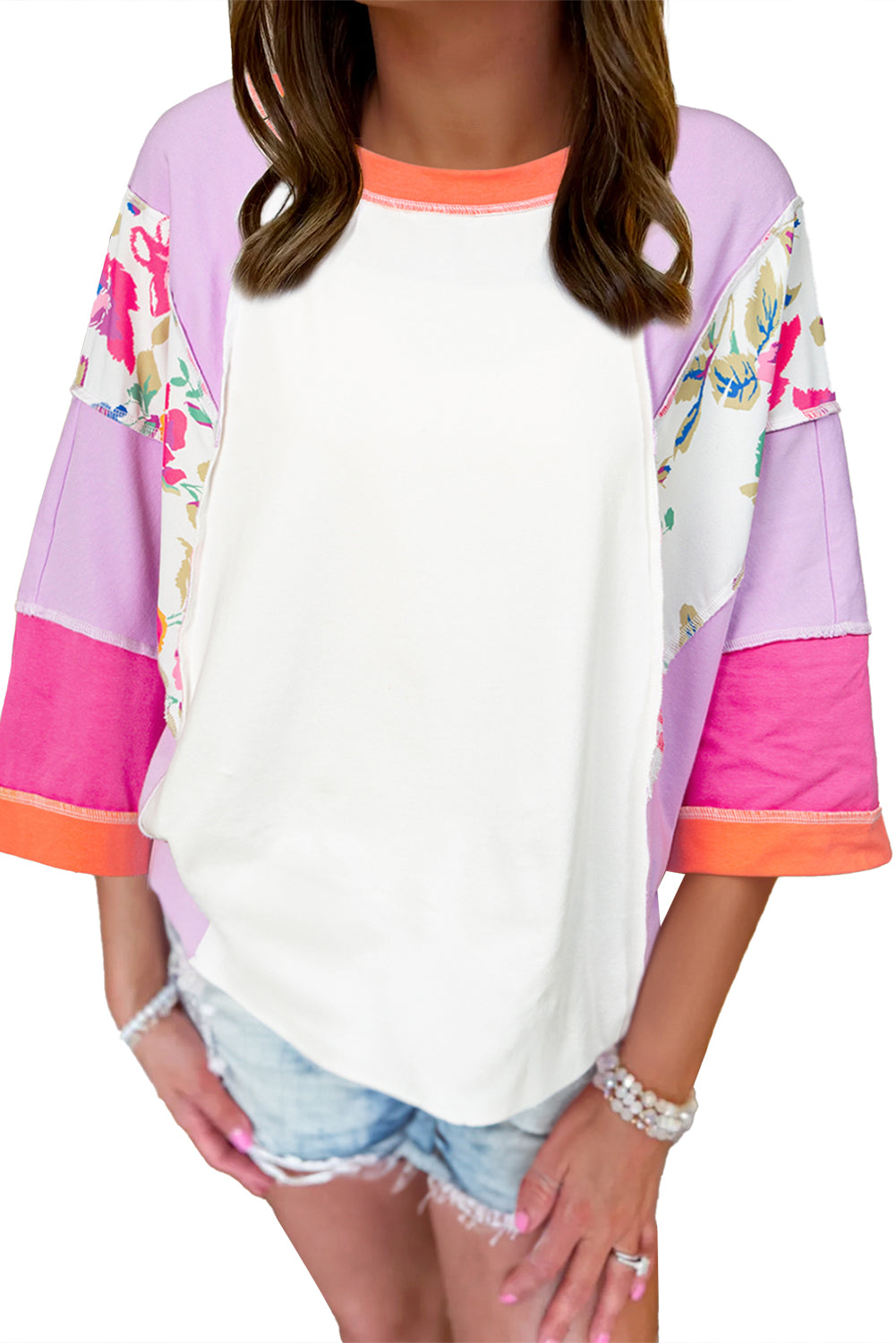 Floral Colorblock 3/4 Sleeve Blouse