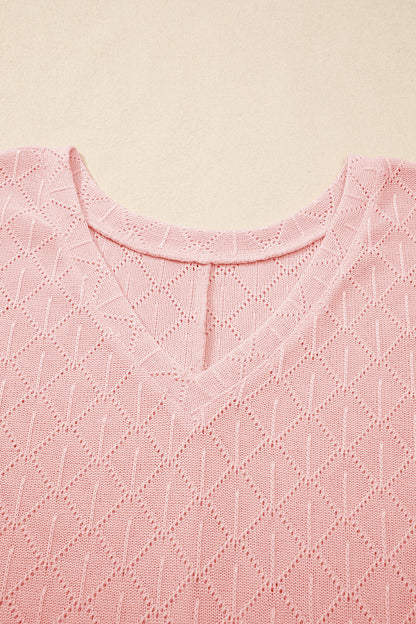 Plus Size Solid Pointelle Knit Rhombus V-Neck Top