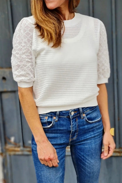 Waffle Eyelet Puff Sleeve Tee