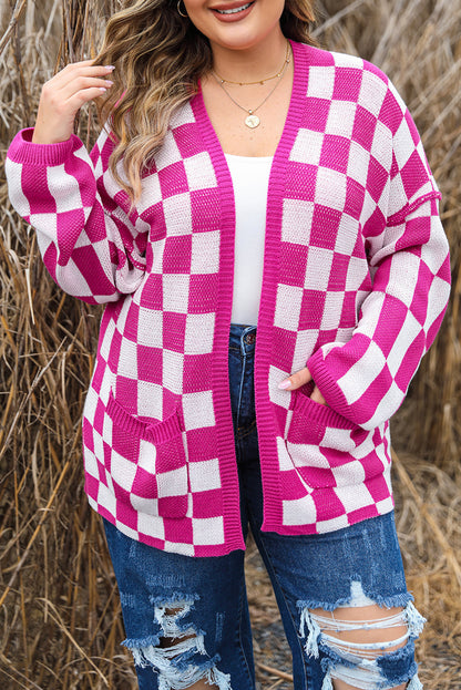 Plus Size Checker Open Front Cardigan