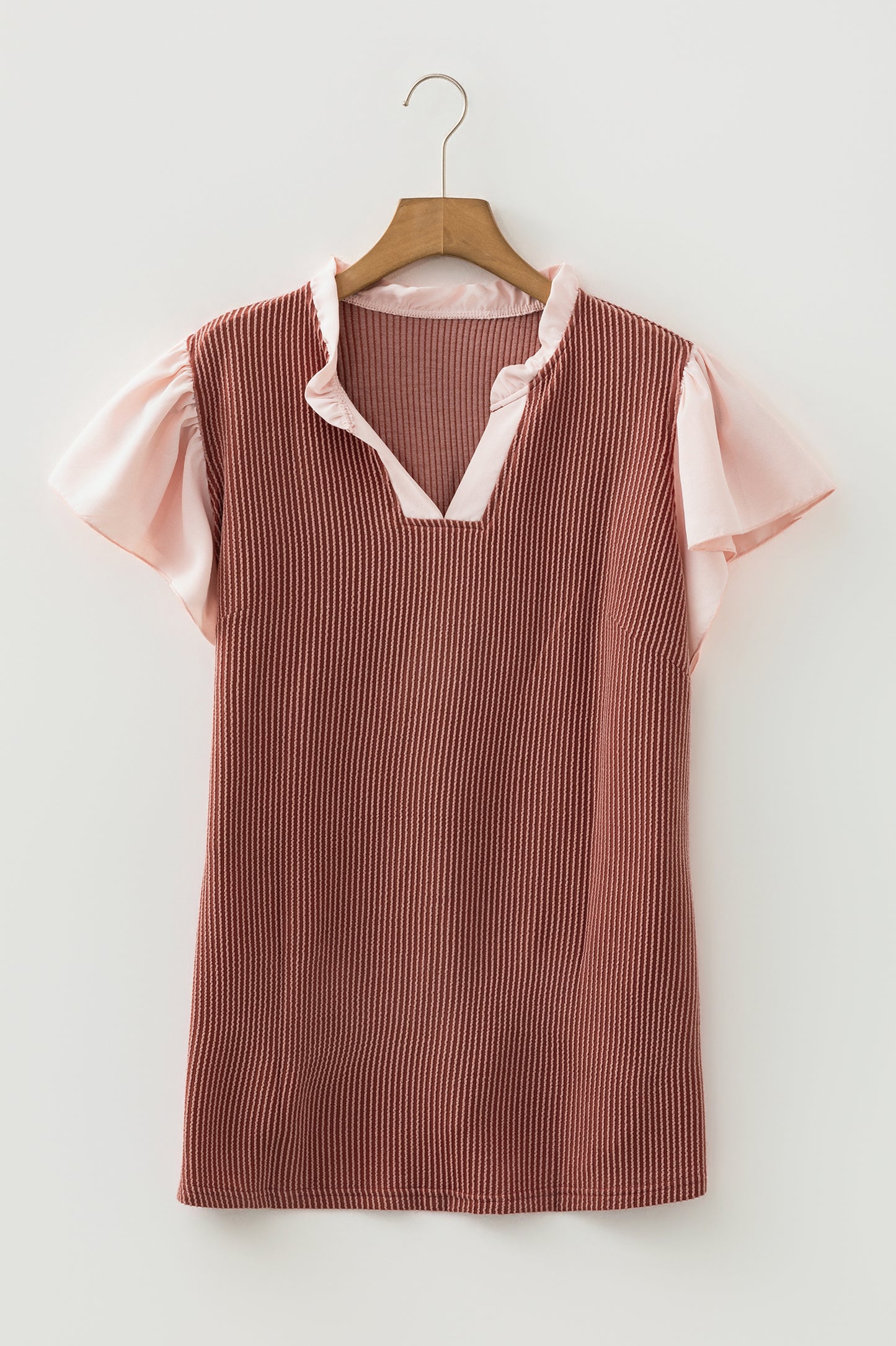 Plus Size Colorblock Corded Knit Ruffle Sleeve Blouse