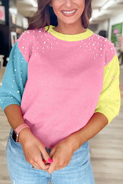 Colorblock Pearl 3/4 Sleeve Sweater