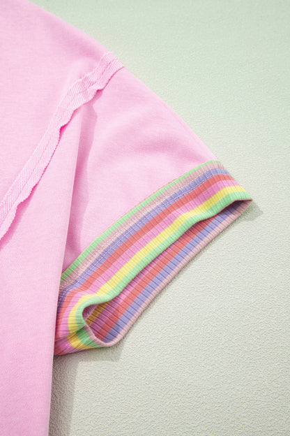 Rainbow Stripe Ribbed Patchwork Oversize Polo Tee
