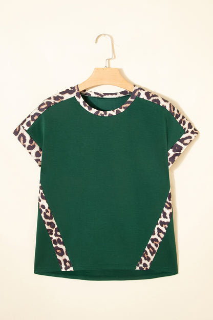 Leopard Colorblock Round Neck Short Sleeve T-Shirt