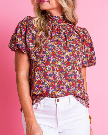 Floral Tied Mock Neck Blouse