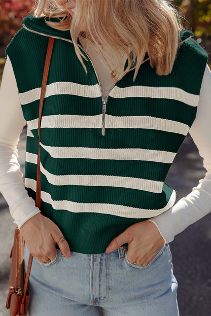Stripe Ribbed Half-Zip Collar Sleeveless Sweater