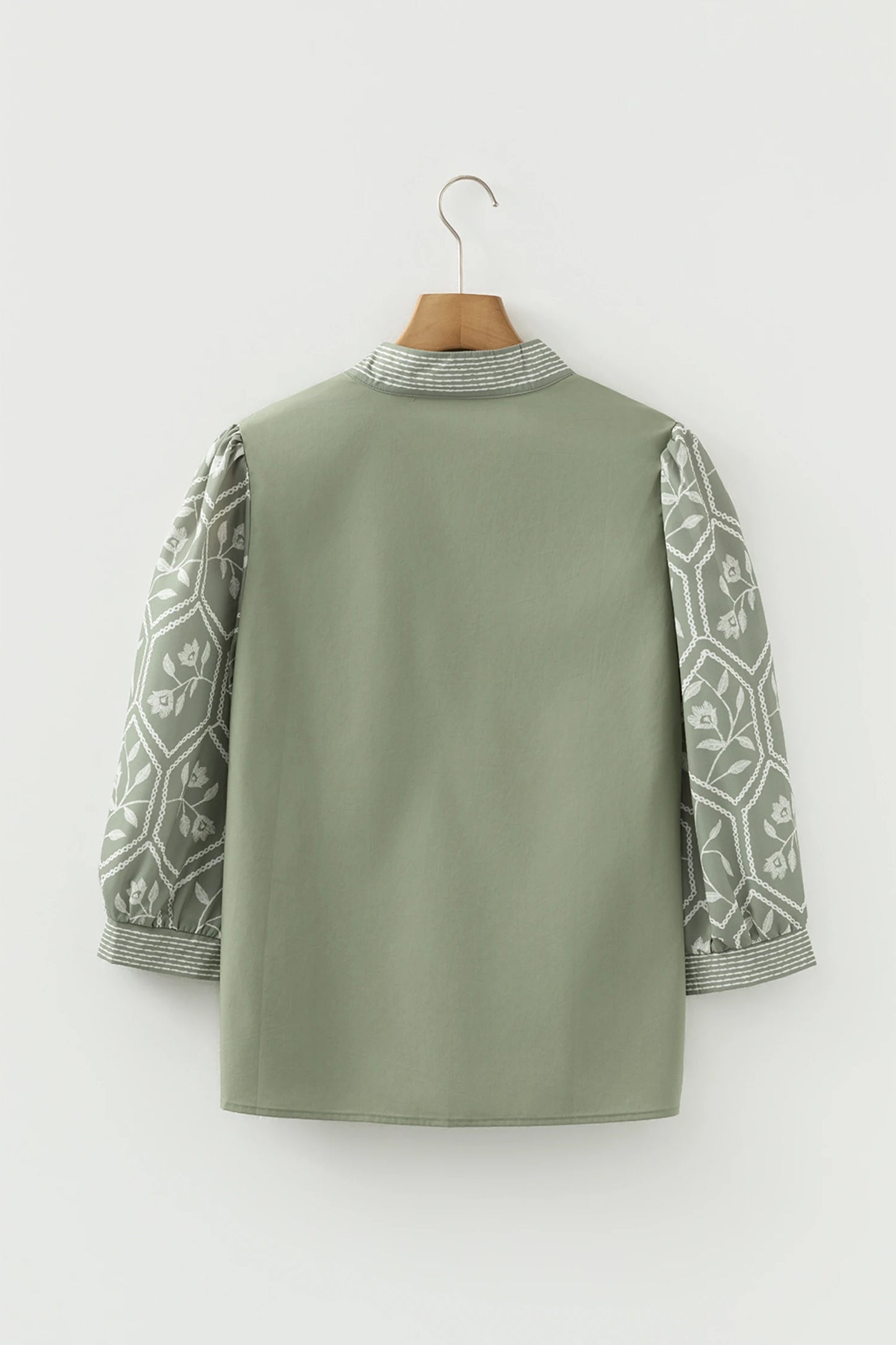 Floral Patchwork Contrast V-Neck Puff Sleeve Blouse