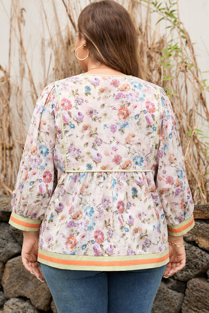 Plus Size Floral Stripe Contrast Trim Babydoll Blouse