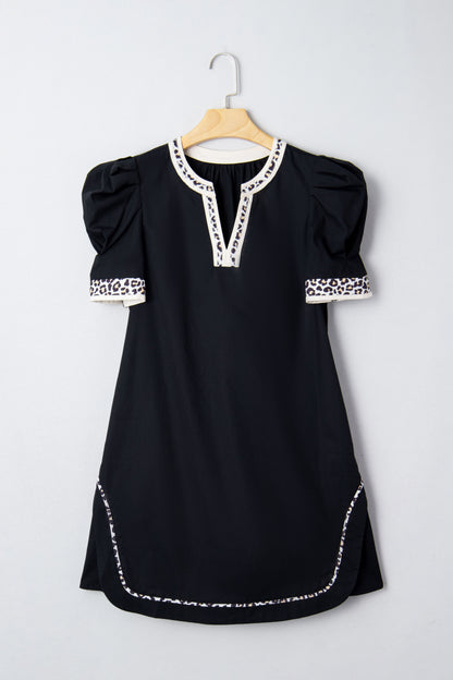 Leopard Trim Short Puff Sleeve Mini Dress