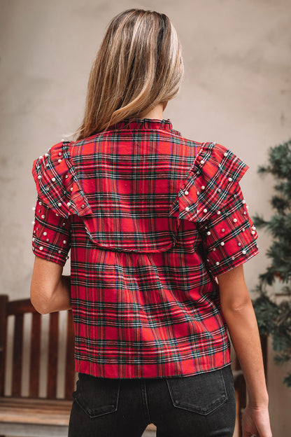 Christmas Plaid Pearl Embellished Ruffle Sleeve Blouse