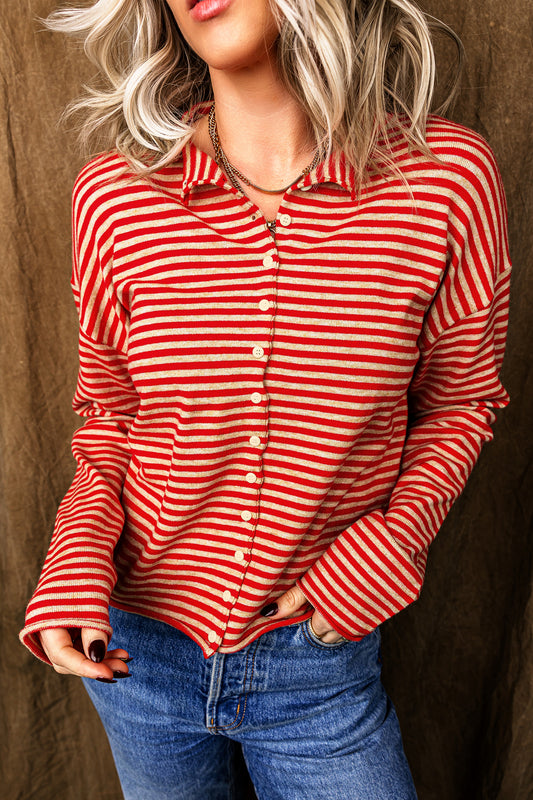 Stripe Button Collar Long Sleeve Knit Cardigan
