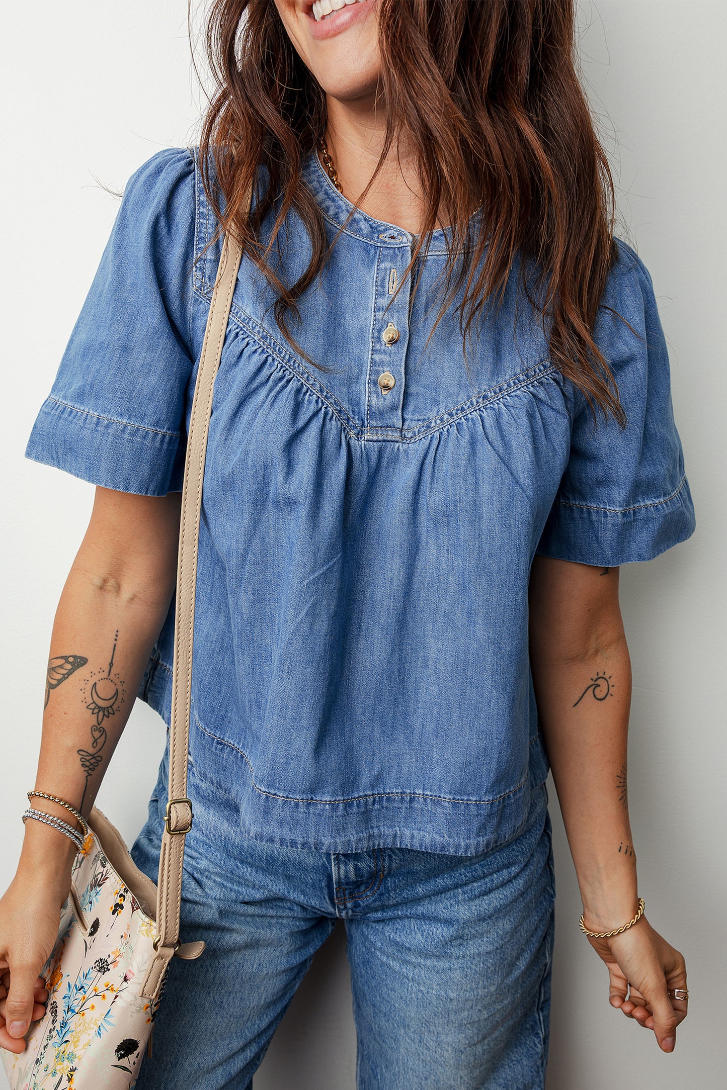 Denim Pleated Half Buttoned Short Sleeve Top