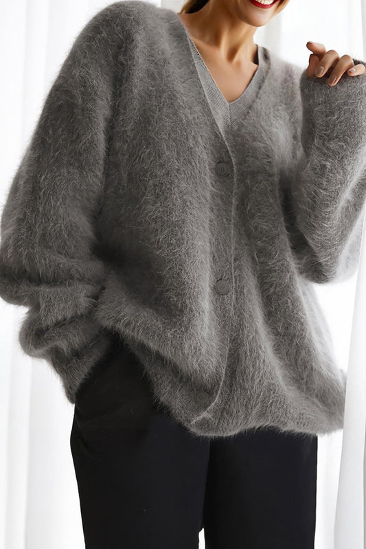 Solid Mohair V-Neck Fuzzy Knit Sweater Cardigan