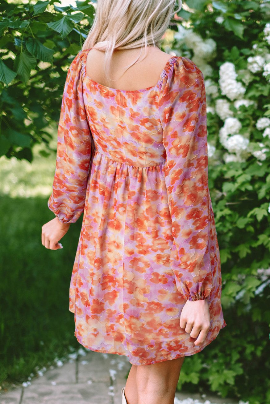 Floral Square Neck Puff Sleeve Dress