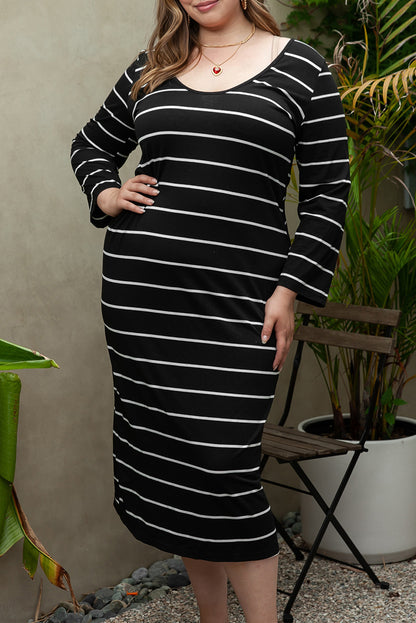 Plus Size Stripe Long Sleeve Midi Dress