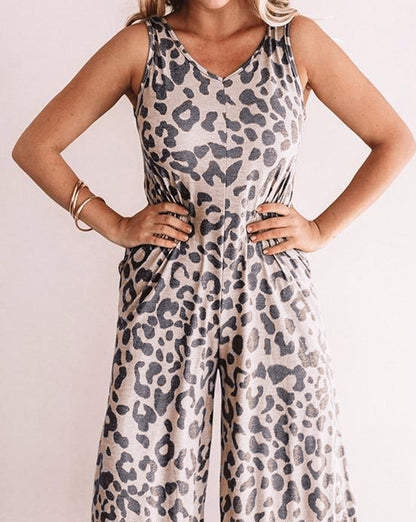 Leopard Wide Leg Sleeveless Jumpsuit