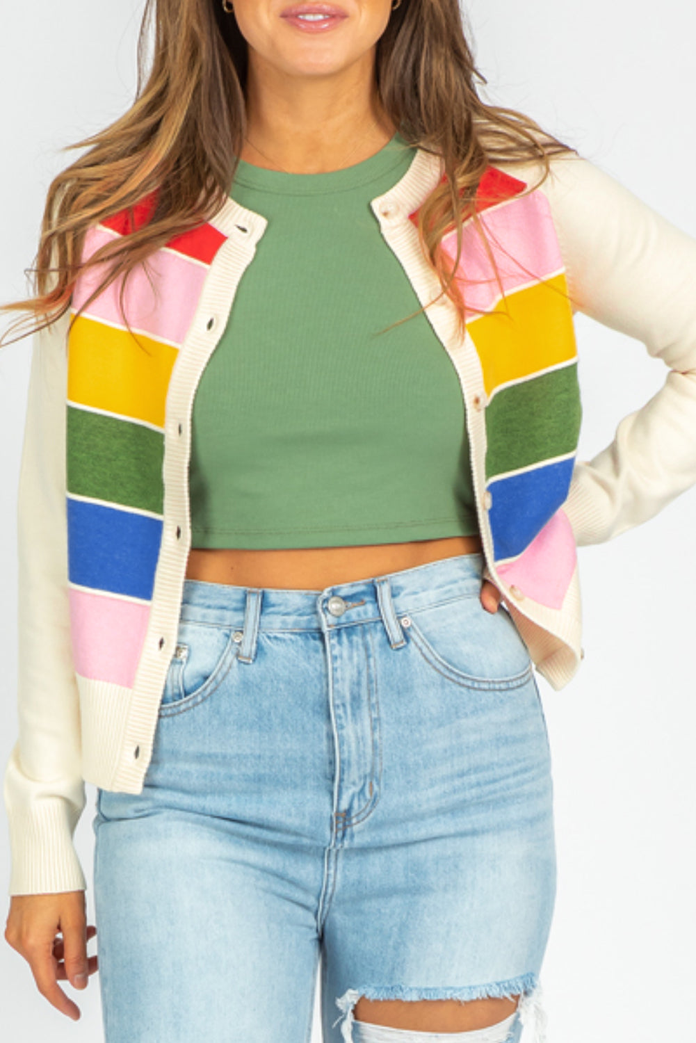 Stripe Colorblock Buttoned Sweater Cardigan