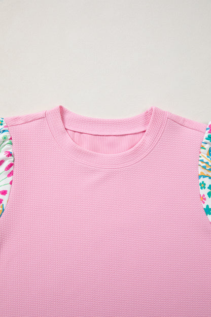 Floral Patchwork Bubble Sleeve Textured Blouse