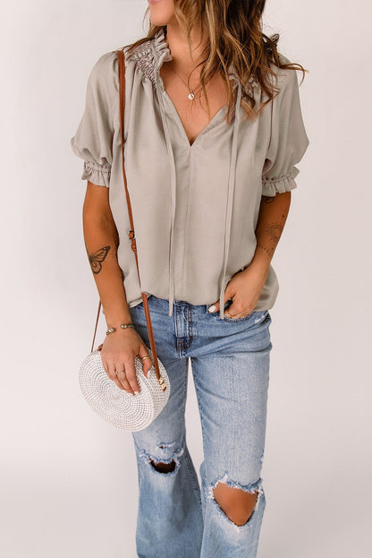 Frilled Split V-Neck Blouse