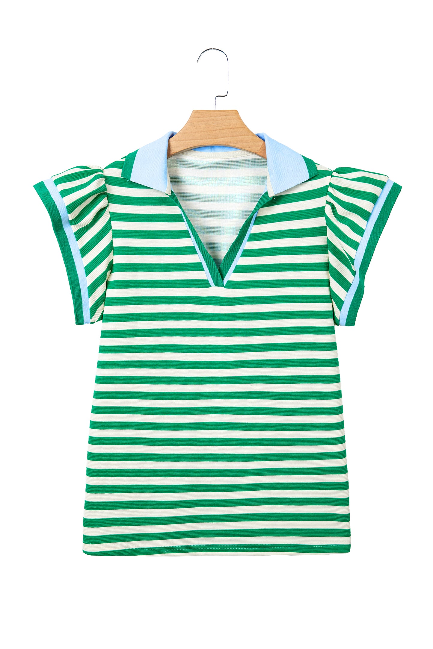 Stripe Contrast Trim Polo Collar Ruffle Sleeve Blouse