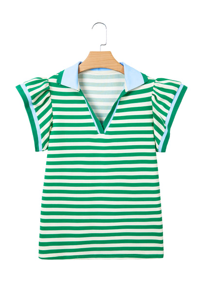 Stripe Contrast Trim Polo Collar Ruffle Sleeve Blouse