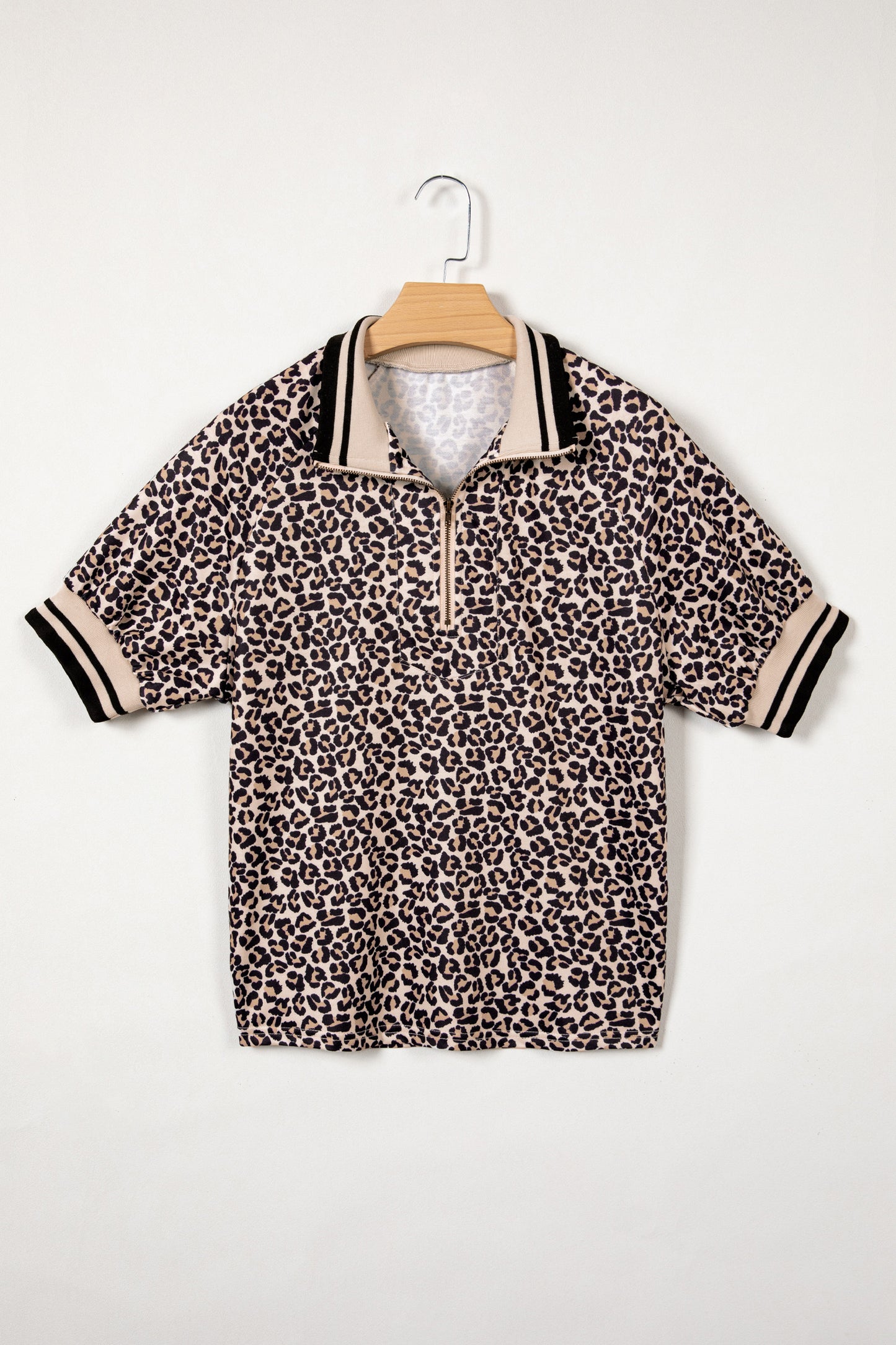 Leopard Half Zip Stripe Trim Short Sleeve Top