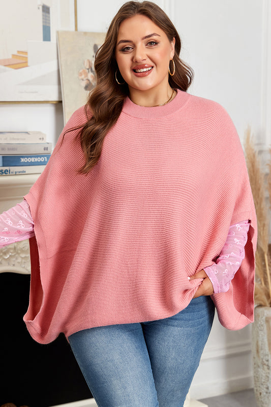 Plus Size Ribbed Knit Crewneck Poncho Sweater
