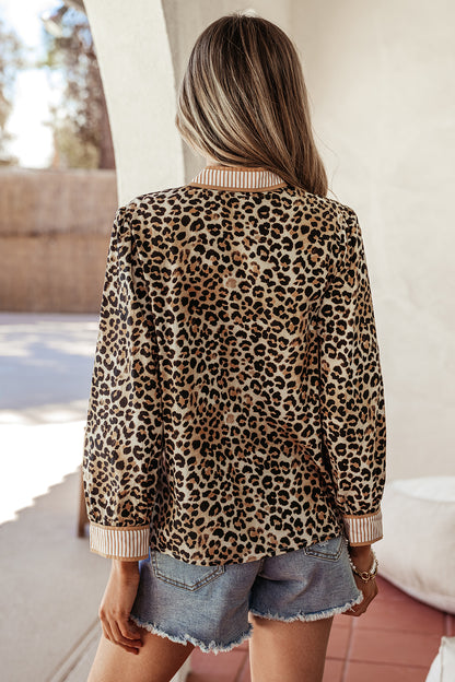 Leopard Contrast Stripe Buttoned V-Neck Shirt