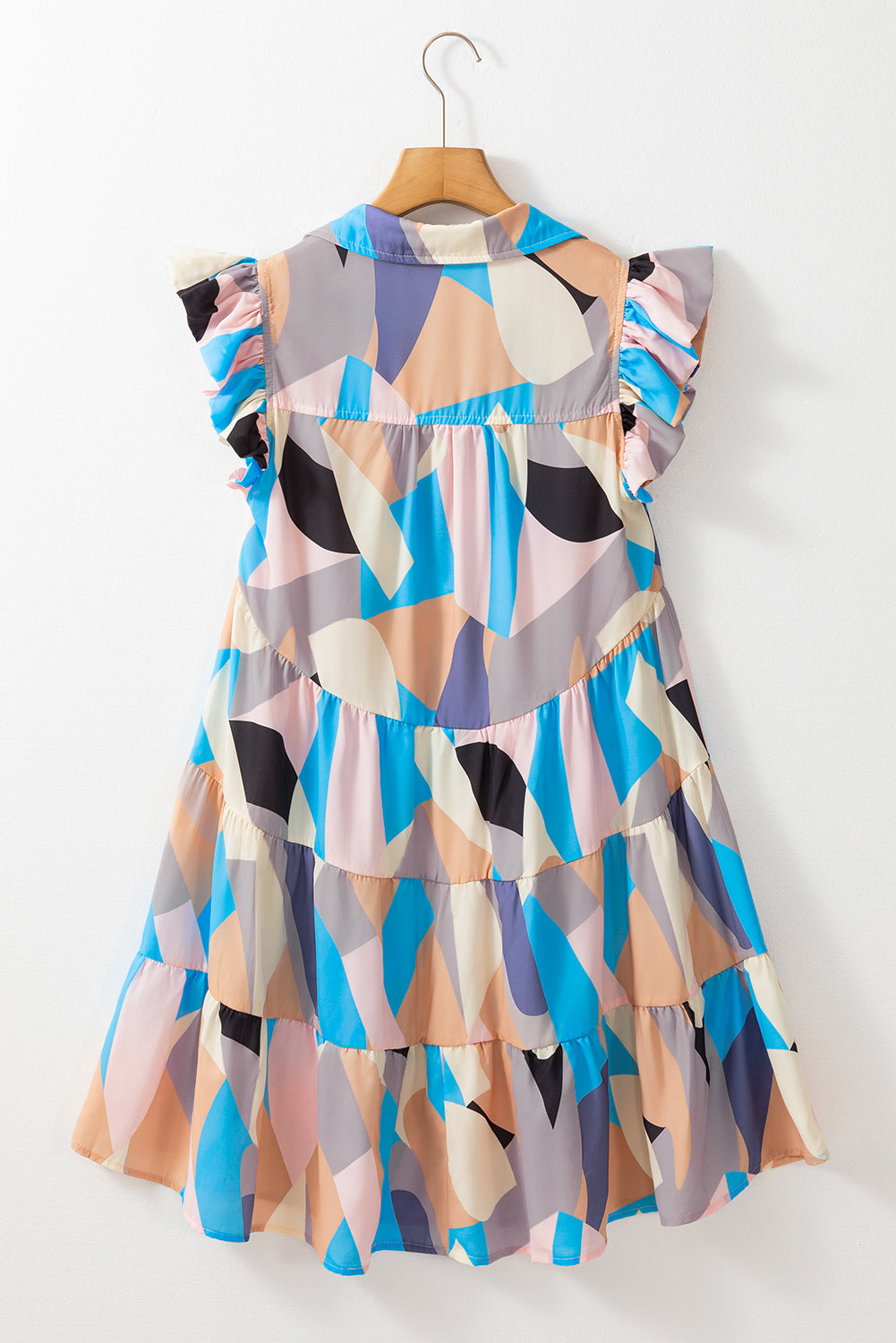 Geometric Ruffle Cap Sleeve Dress