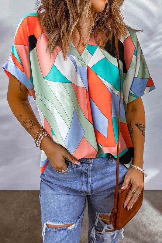 Colorful Abstract V Neck Blouse