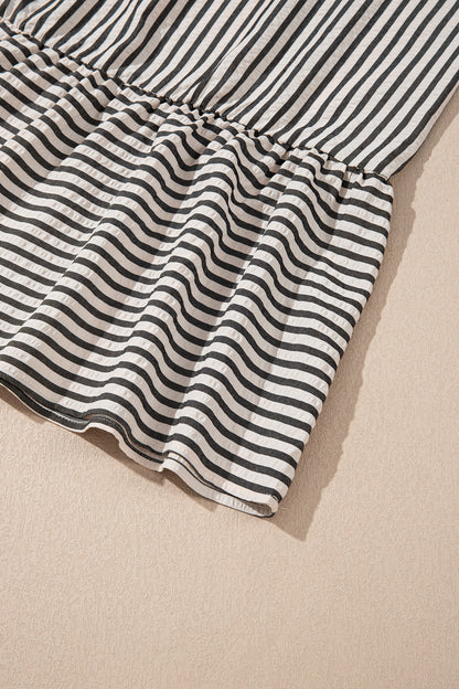 Stripe Scallop Trim Shirt Collar Maxi Dress