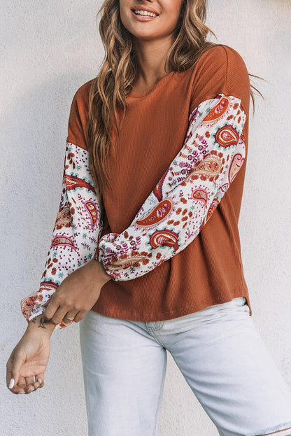 Paisley Bubble Sleeve Ribbed Top