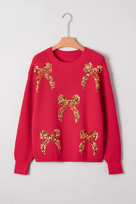 Christmas Sequin Bow Drop Shoulder Sweater