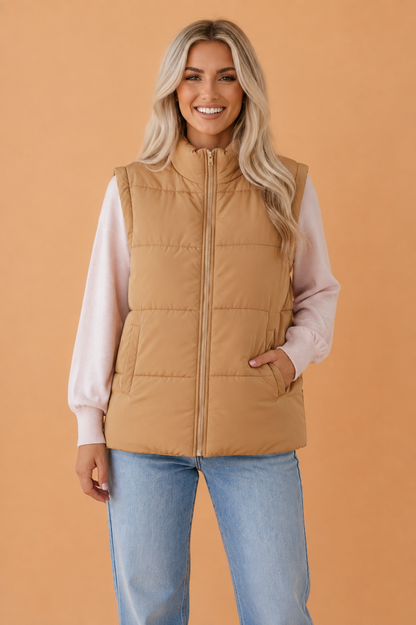 Solid Standing Collar Zip Up Oversized Puffer Vest
