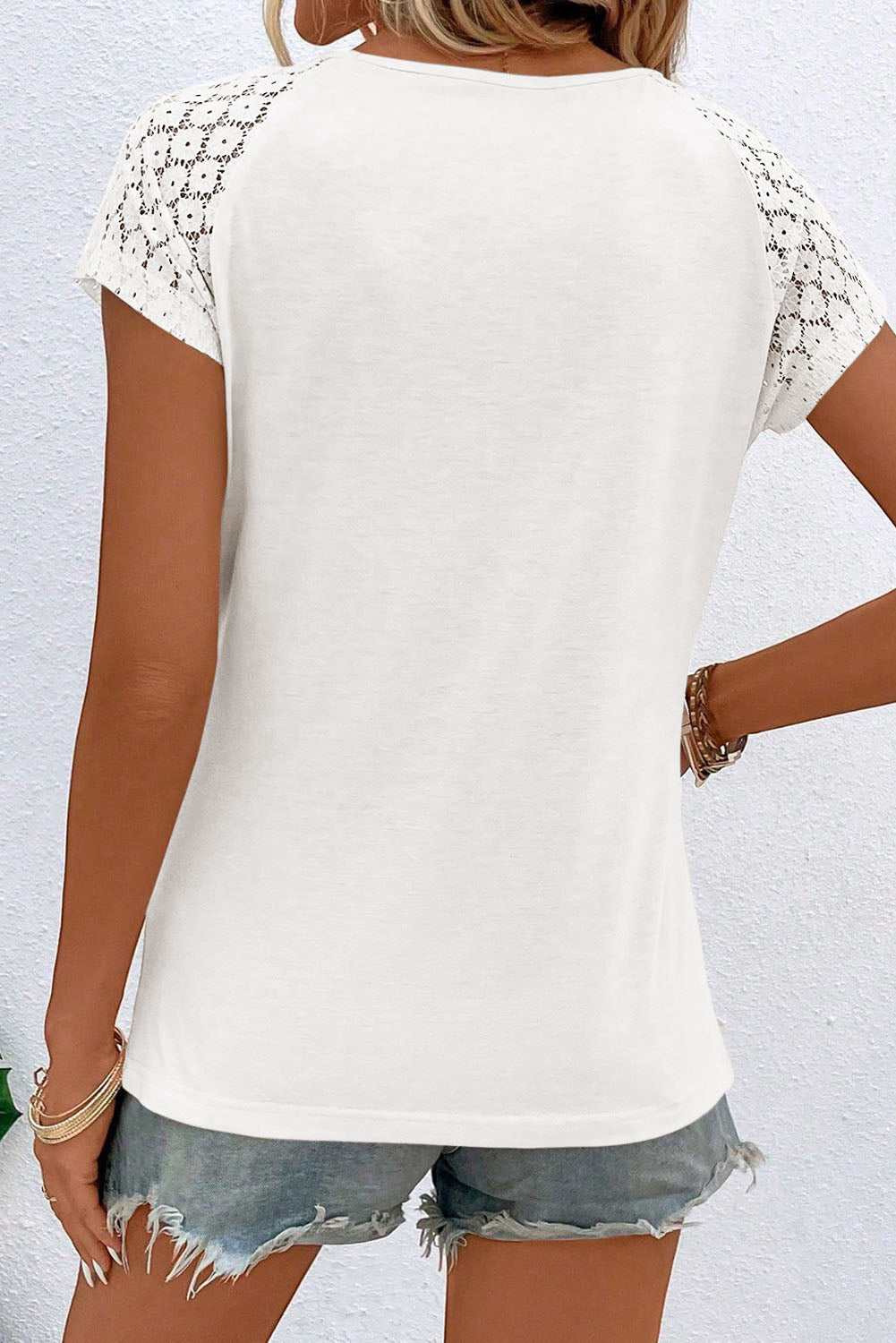 Contrast Lace Sleeve Keyhole Top