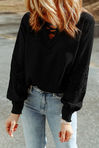 Lace Waffle Patchwork Long Sleeve Top