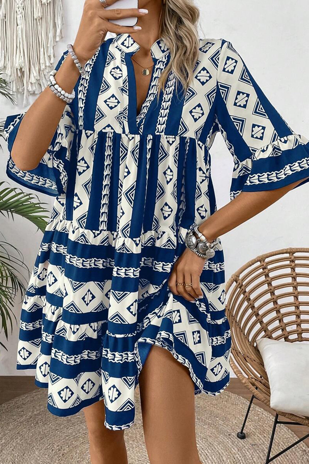 Geometric V-Neck Ruffle Dress