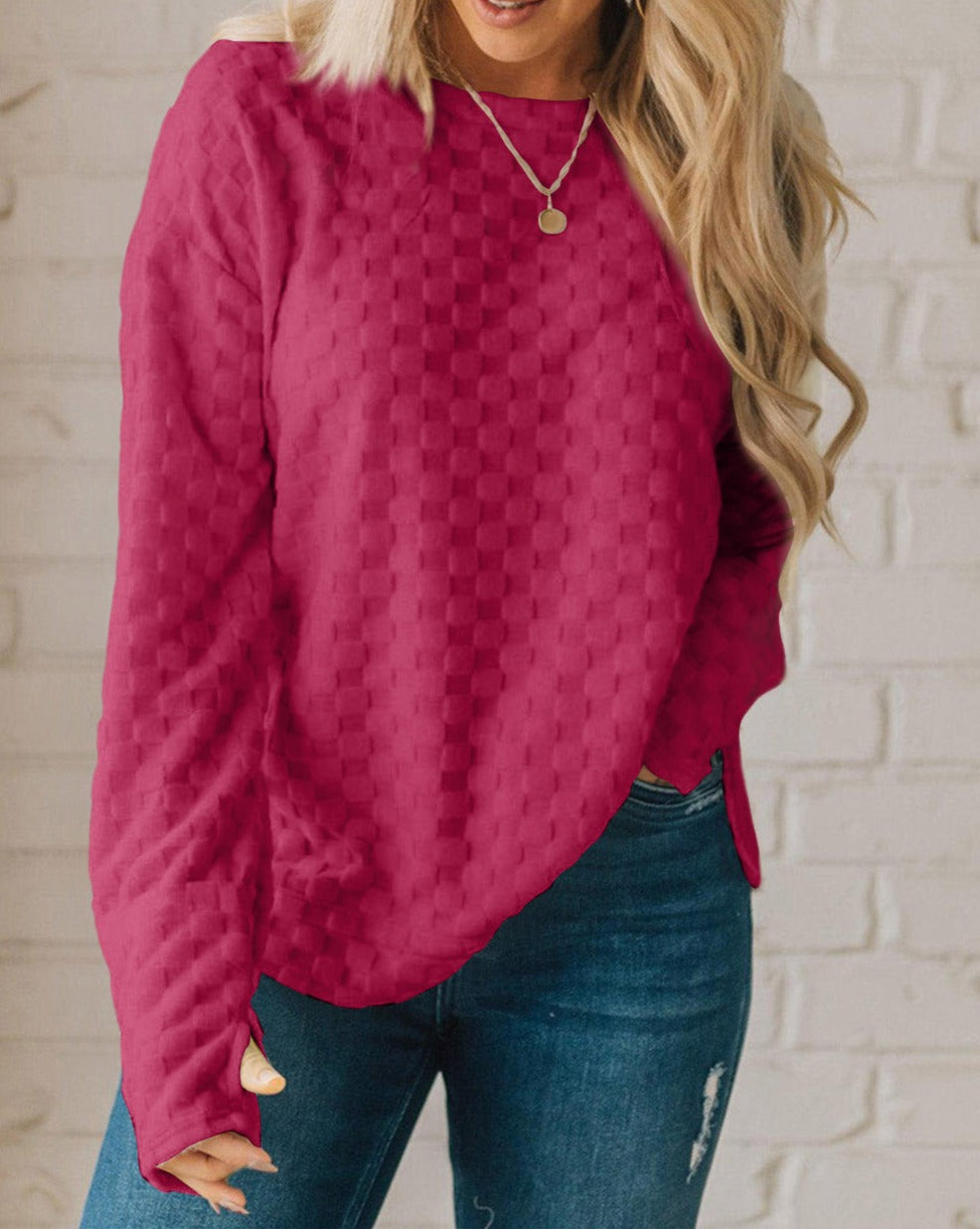 Checker Textured Thumbhole Sleeve Top