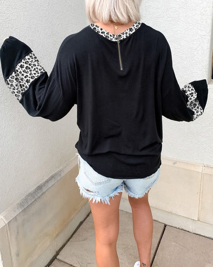 Leopard Balloon Sleeve Crewneck Top